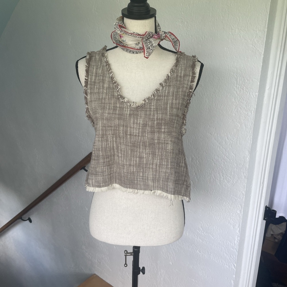 Urban Outfitters Crop Fringe Detail Linen Cotton Women XS Sable Sleeveless Top - Picture 2 of 10